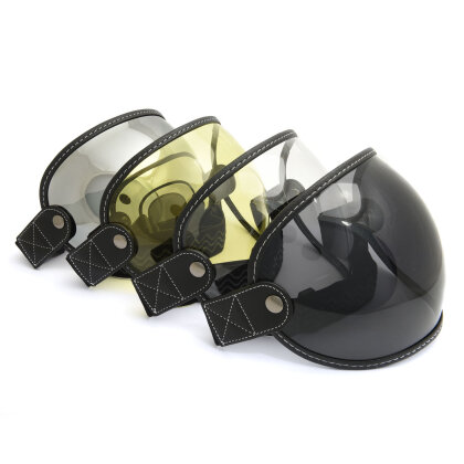 Bubble helmet visor with strap, black leather