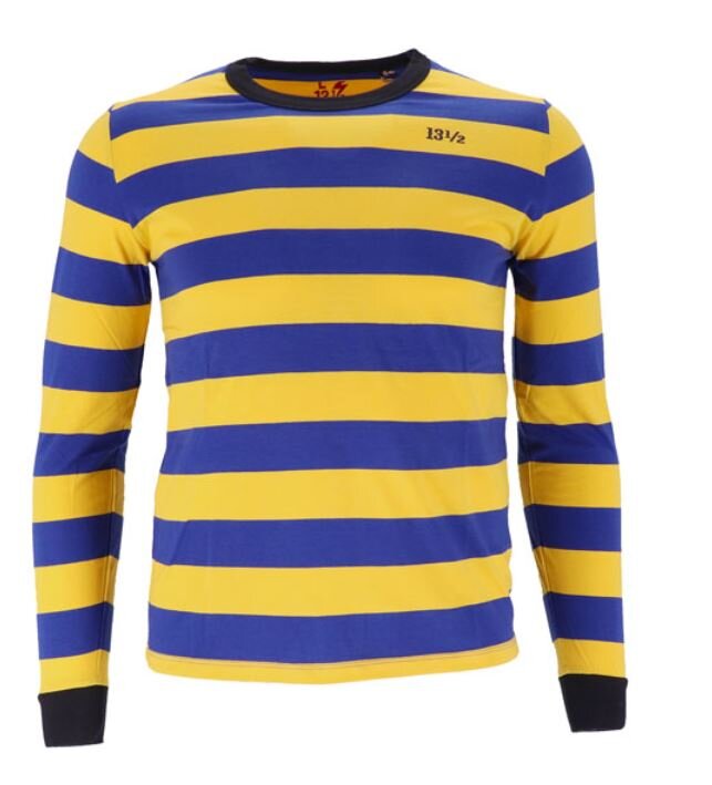 blue and yellow long sleeve shirt