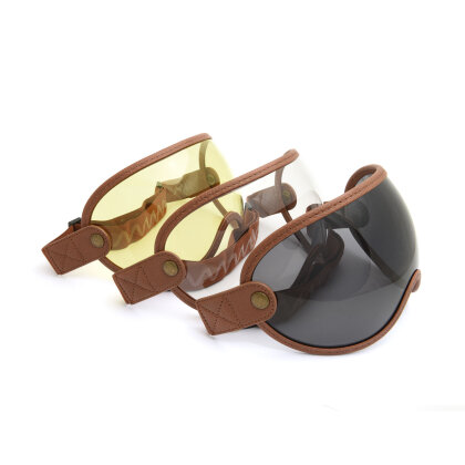 Open Face helmet visor with strap, brown leather