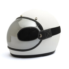 Bubble helmet visor with strap, black leather, chrome lense