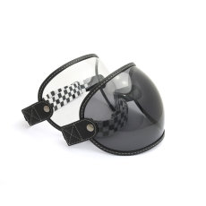 Bubble helmet visor with raceflag strap, black leather